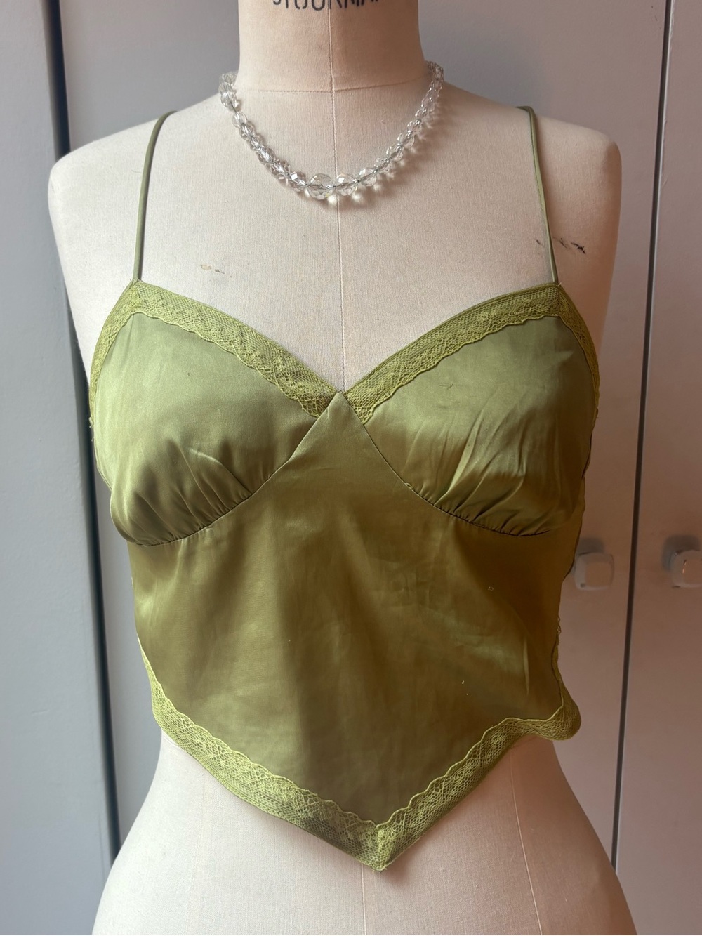 Olive Green Satin Lace Trim Slip Cami Top